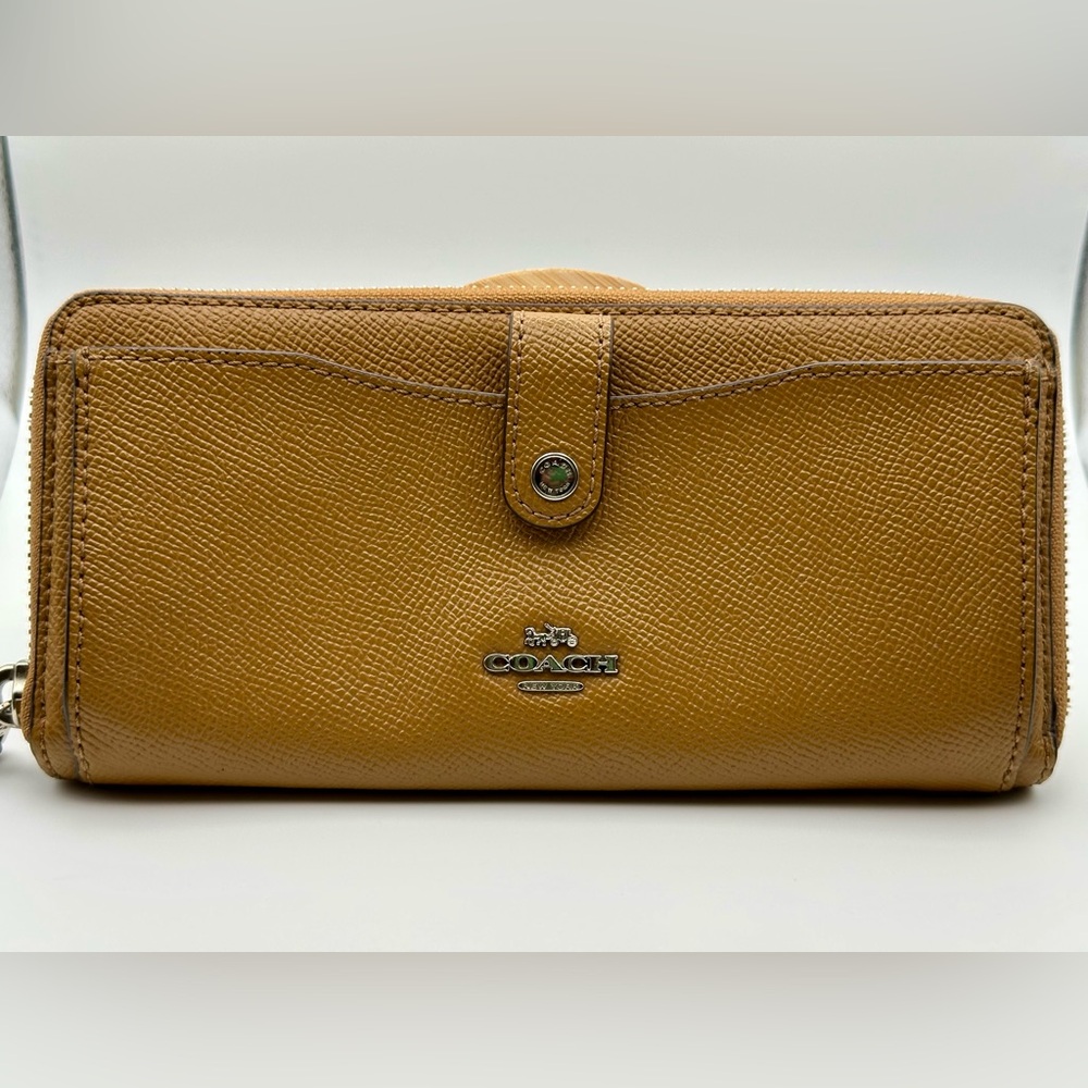 Coach Tan Crossgrain Leather Zip Around Phone Wallet